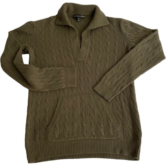 Ralph Lauren Cashmere Sweater Womens Size Medium Shawl Collar Cable Knit Pocket